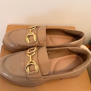 Primark Nude Patent Loafers with Gold Horsebit